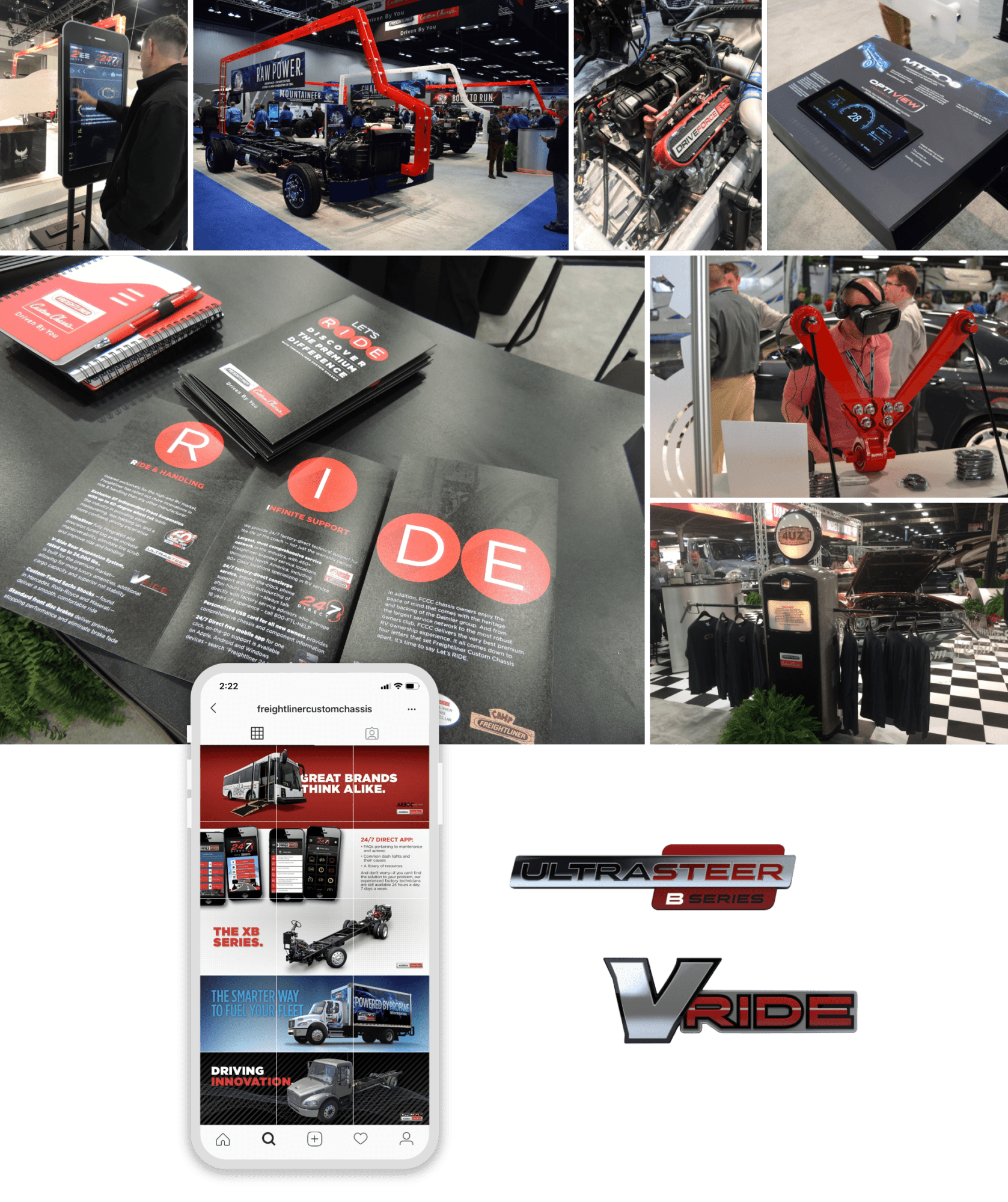 Freightliner Custom Chassis collage of print and product design, and app/website examples