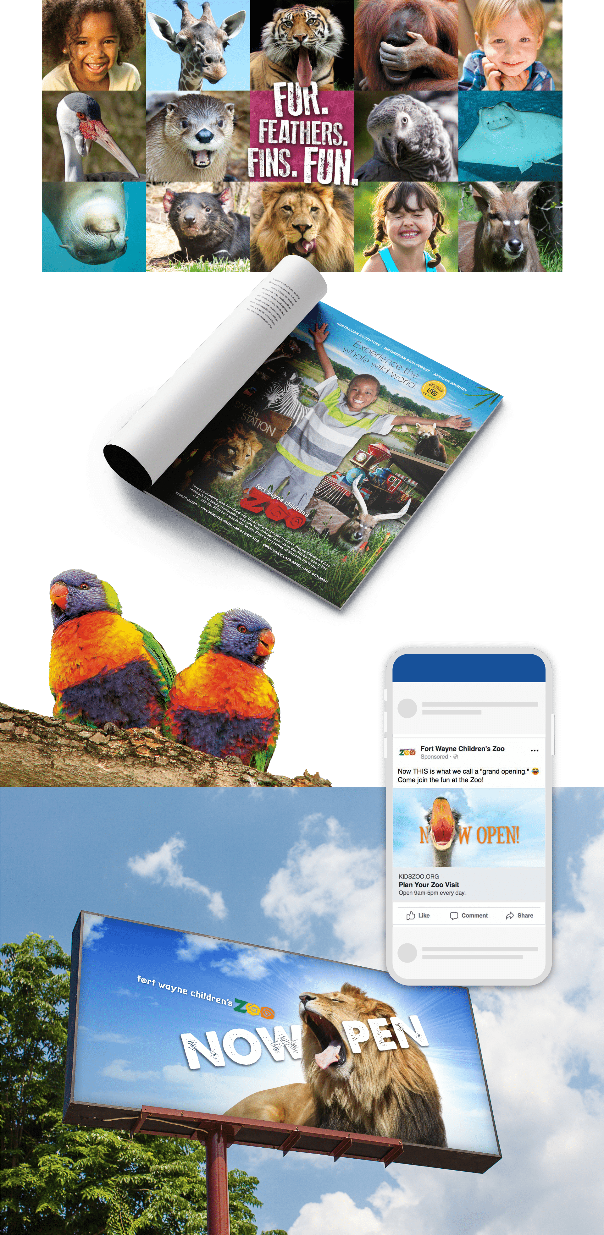 Fort Wayne Children's Zoo collage of print and product design examples and social media campaign examples