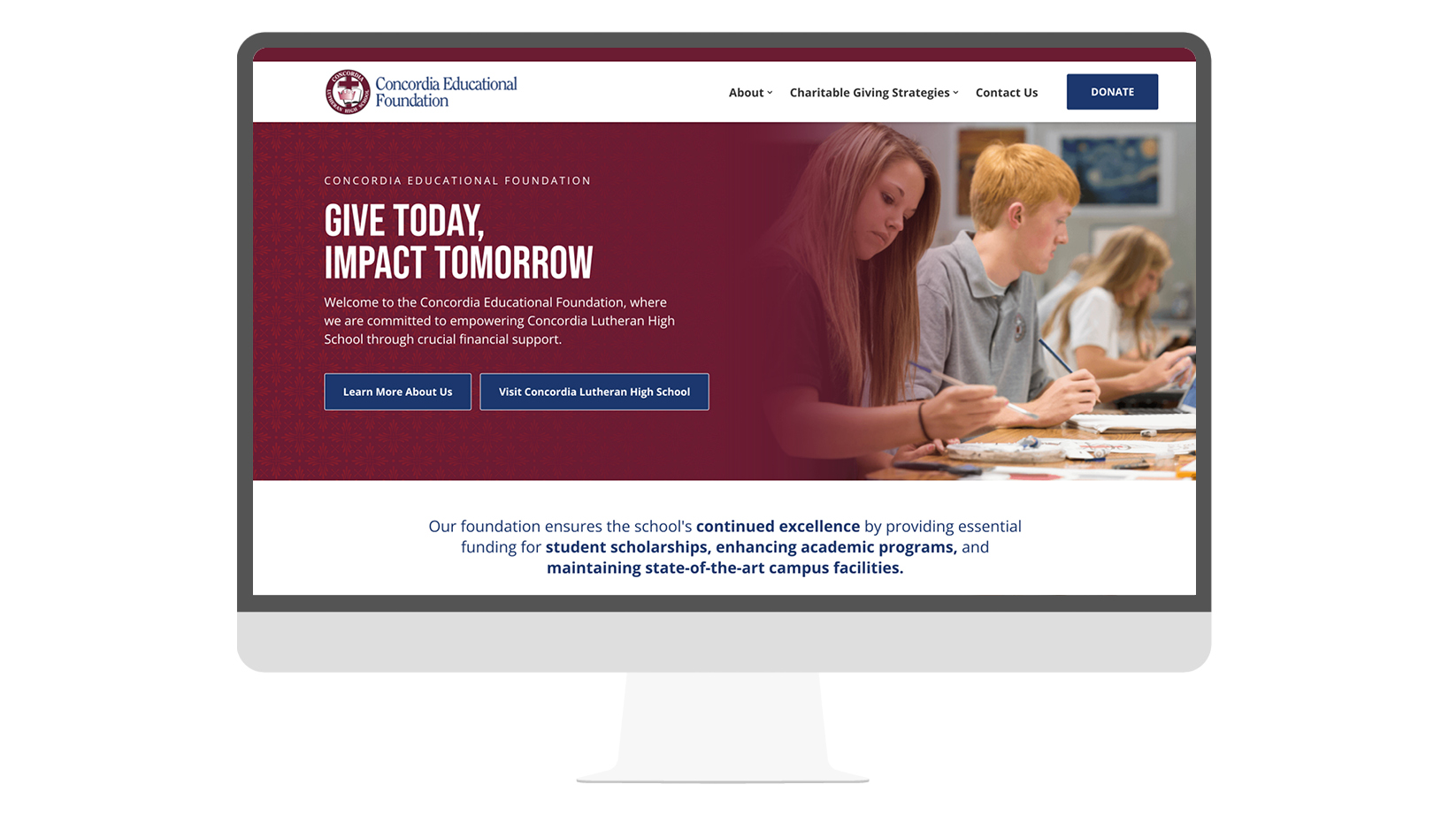 Hero banner for Concordia Educational Foundation with a maroon textured panel reading 'GIVE TODAY, IMPACT TOMORROW' and students studying on the right; includes two blue CTA buttons.