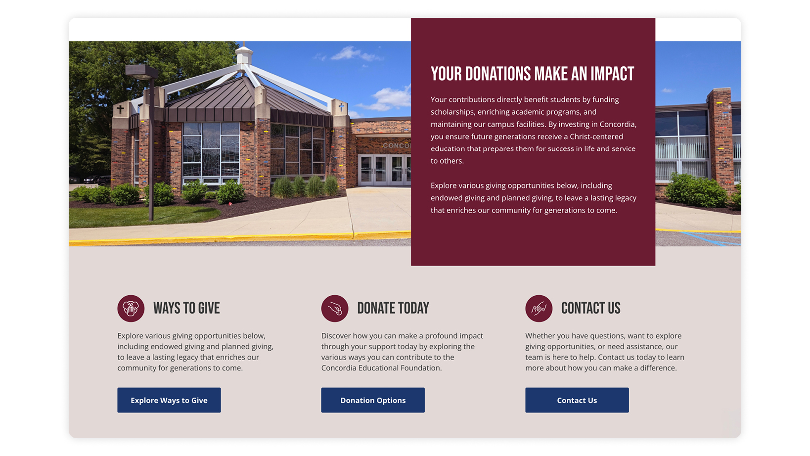 Front view of a brick campus building with a large maroon panel that reads 'Your Donations Make an Impact.'