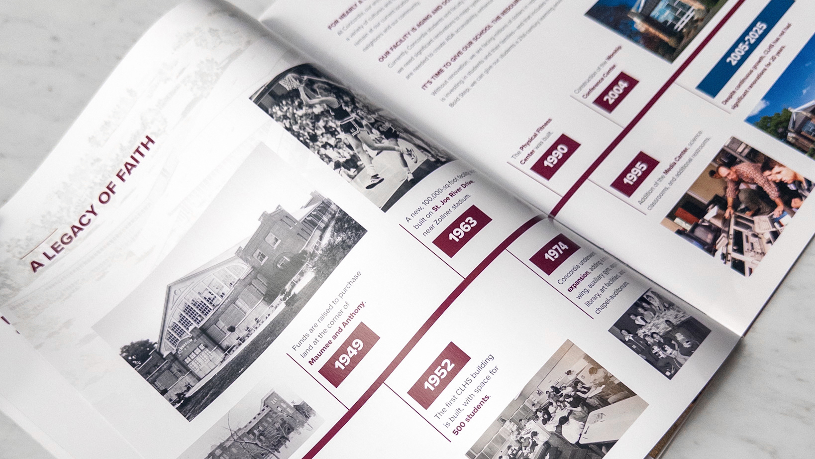 Open book spread showing a timeline titled 'A Legacy of Faith' with black-and-white photos and red year markers in a printed publication.