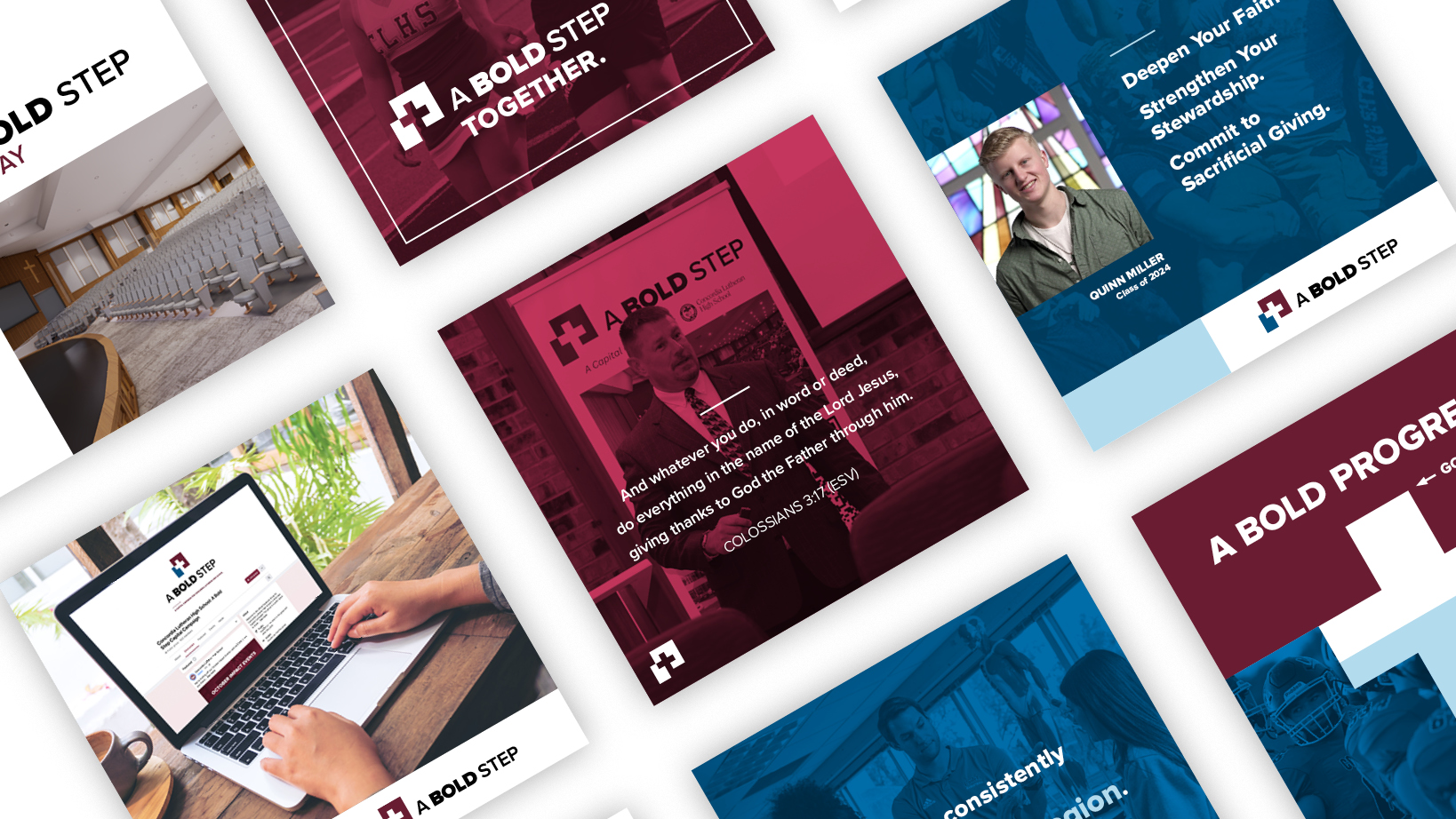 Collage of A Bold Step promotional posters featuring photos of people, logos, and inspirational quotes in maroon, blue, and pink tones.