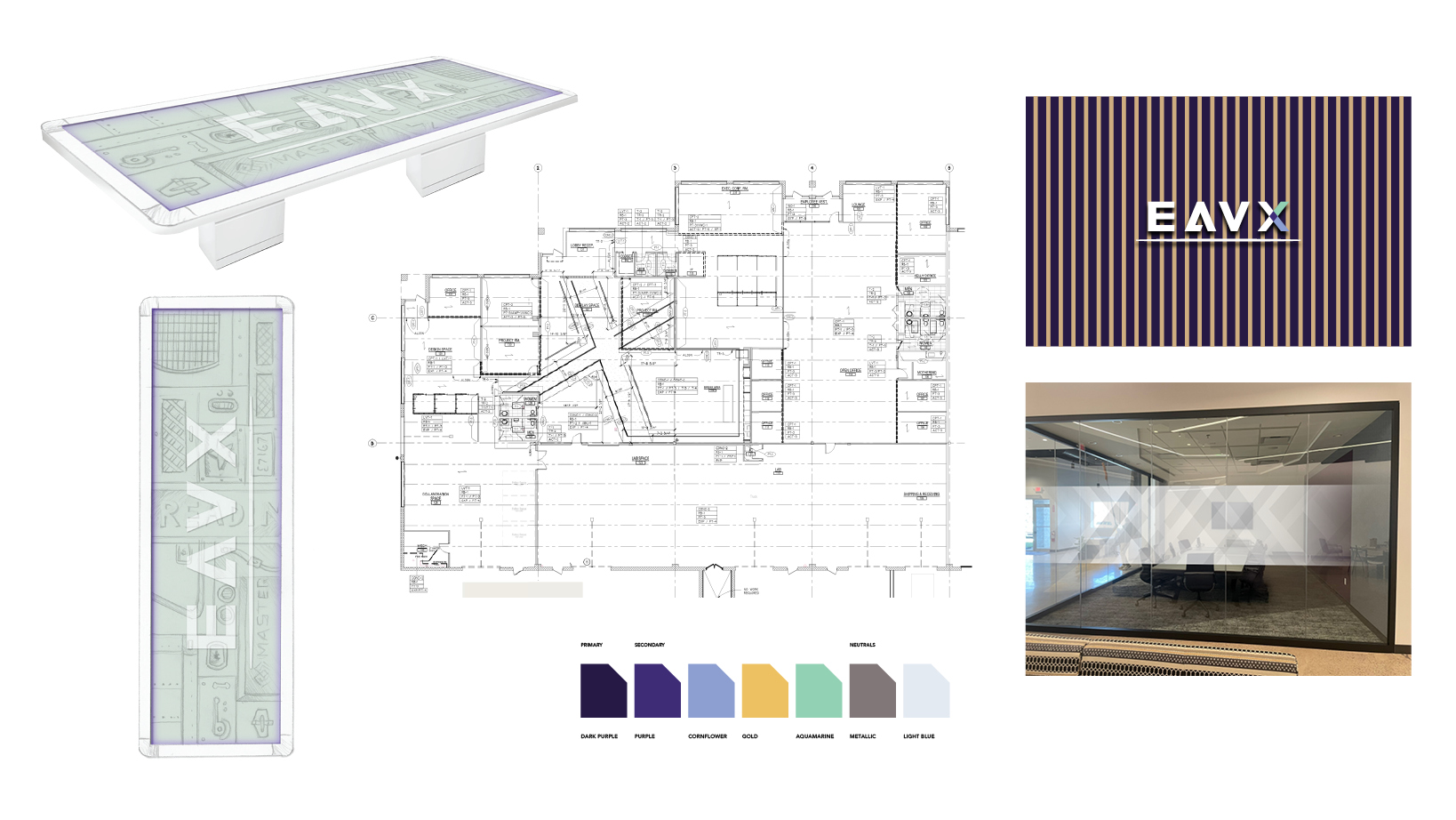 Concept design board for an EAVX office: central floor plan with surrounding renders, branding panel, and color palette swatches.
