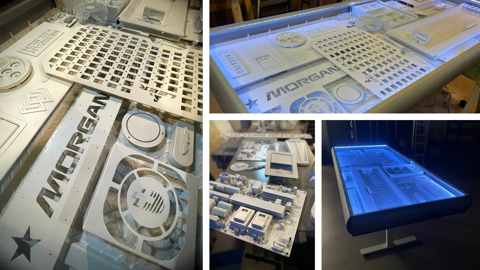 collage of white architectural and electronic model parts laid out on a workbench, including grid panels, circular vents, and the word MORGAN visible in large letters on the surface