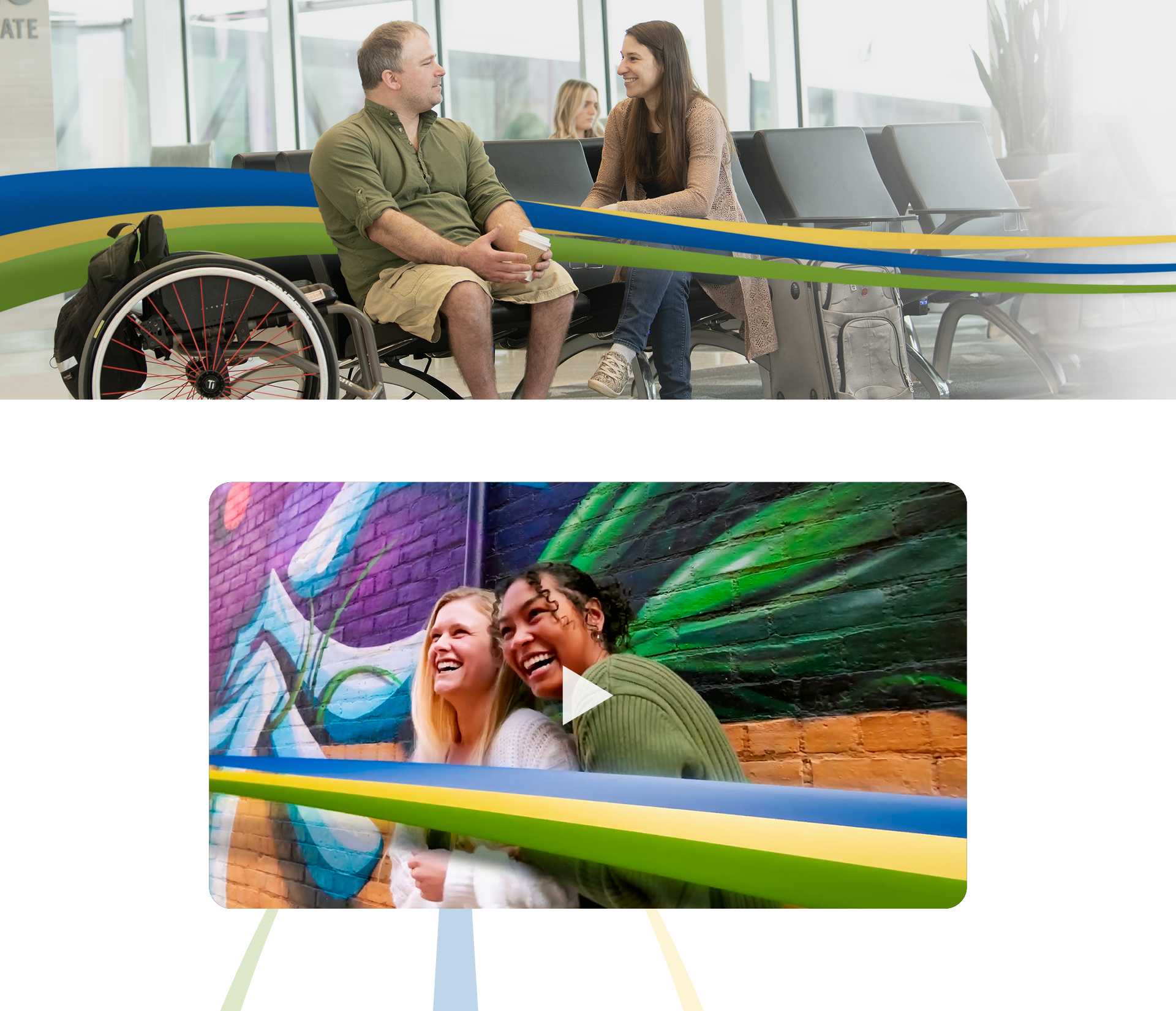 Man in a wheelchair chats with a woman in a bright, modern waiting area with colorful striped ribbons across the scene.