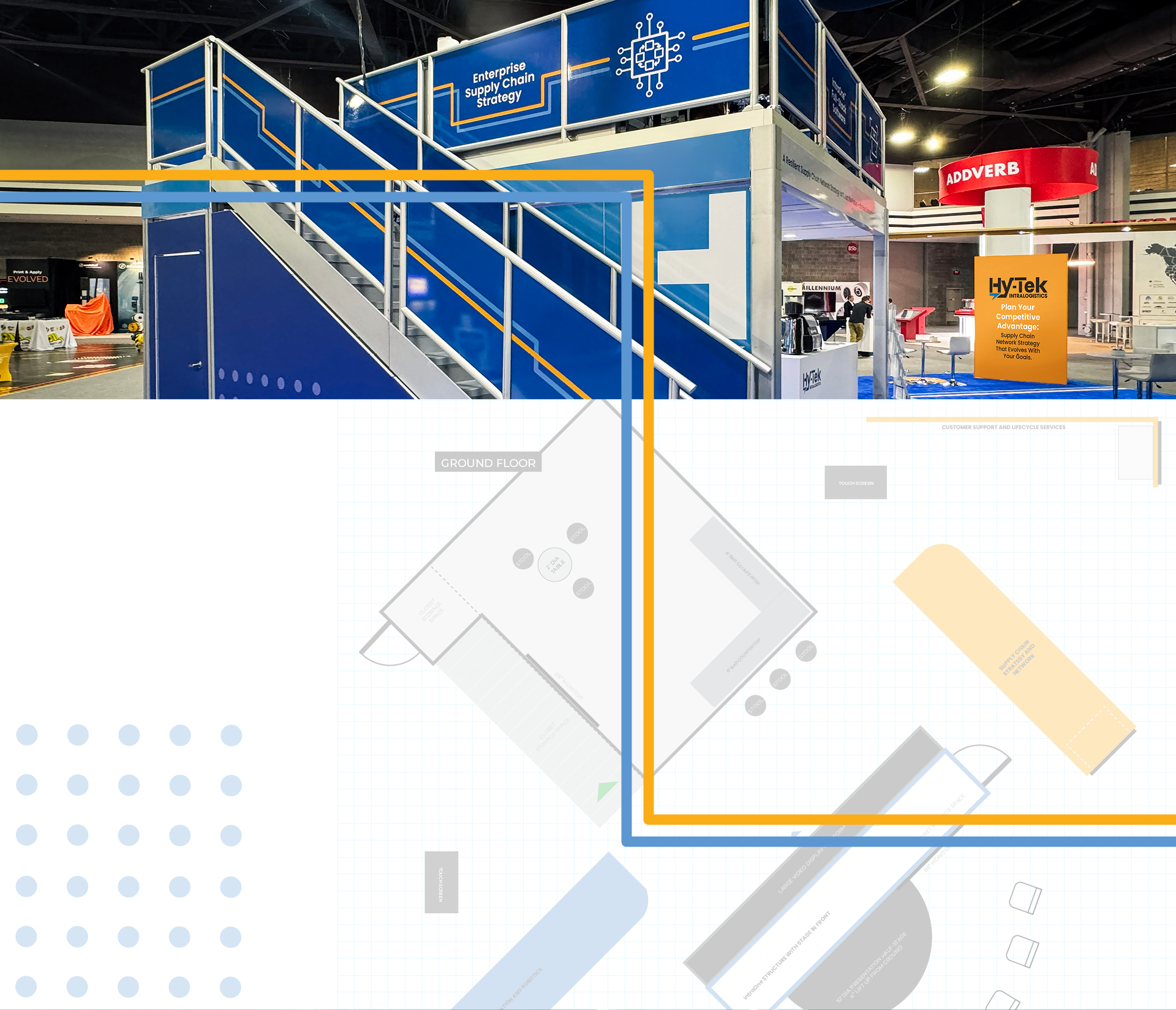 Exhibition booth with blue panels and orange-accented framing, displaying 'Enterprise Supply Chain Strategy' signage atop the structure.
