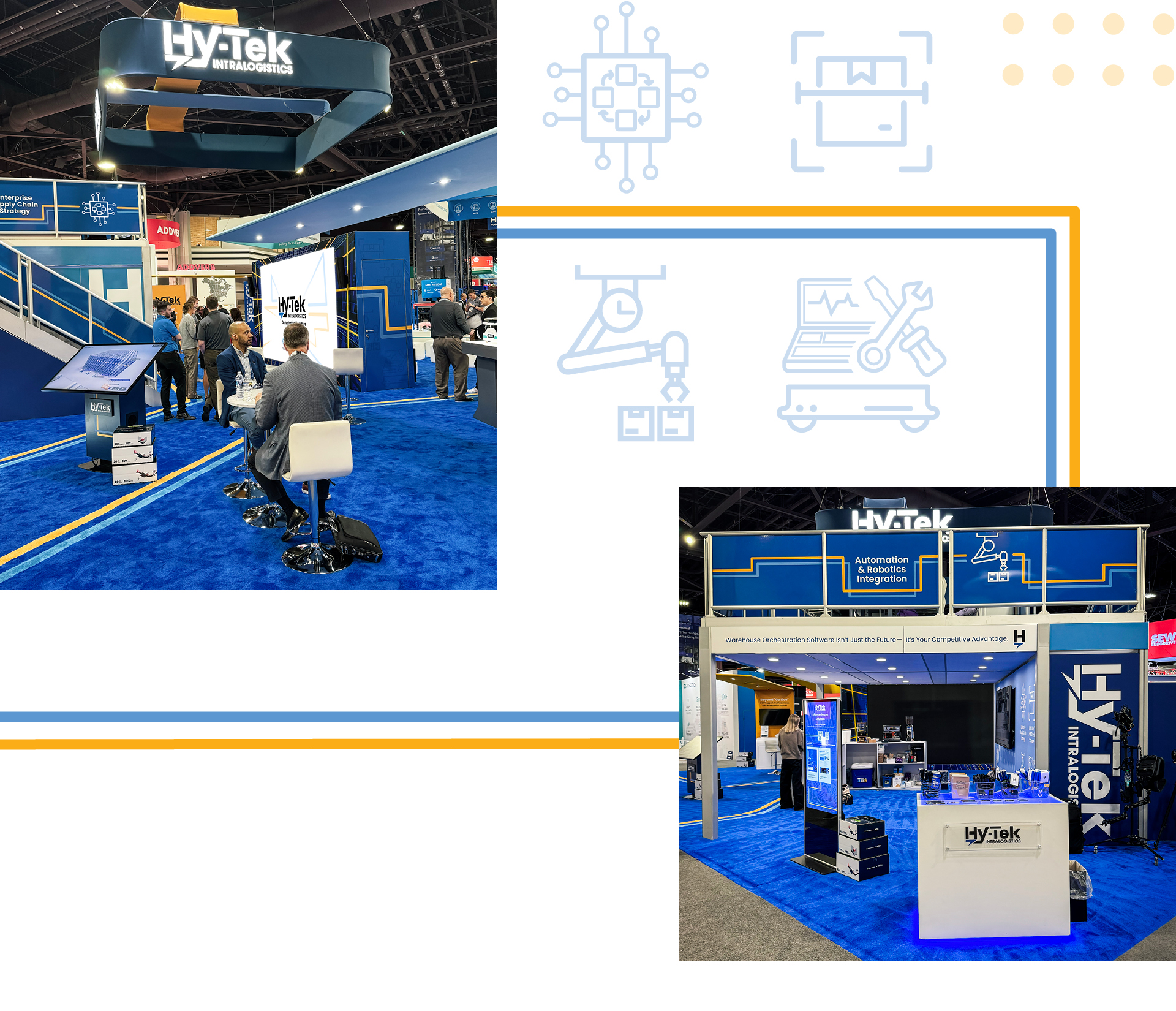 Trade show booth for Hy-Tek Intralogistics with blue carpet and attendees discussing at a convention hall sign reading Hy-Tek in the background