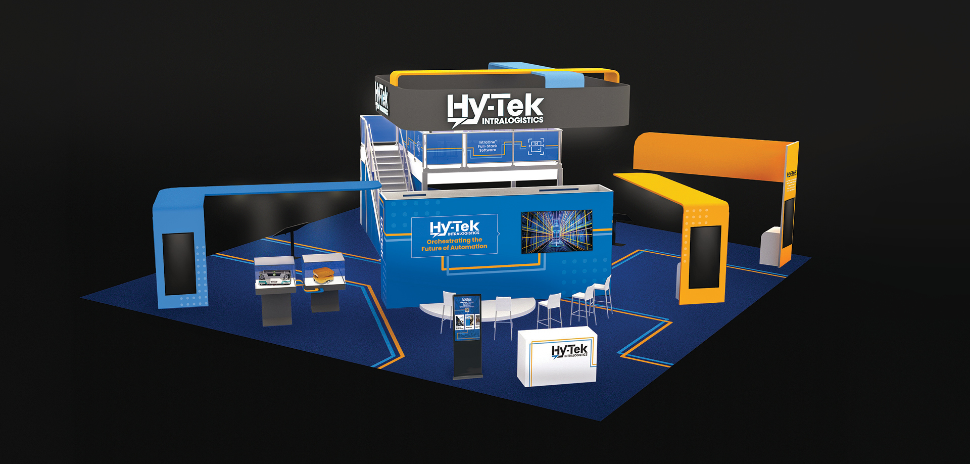 Trade show booth for Hy-Tek Intralogistics with blue and orange modular structures and display screens