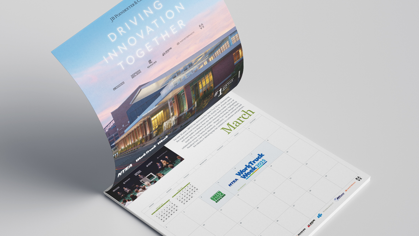 Open brochure showing a modern building on a blue sky page and a March calendar spread.
