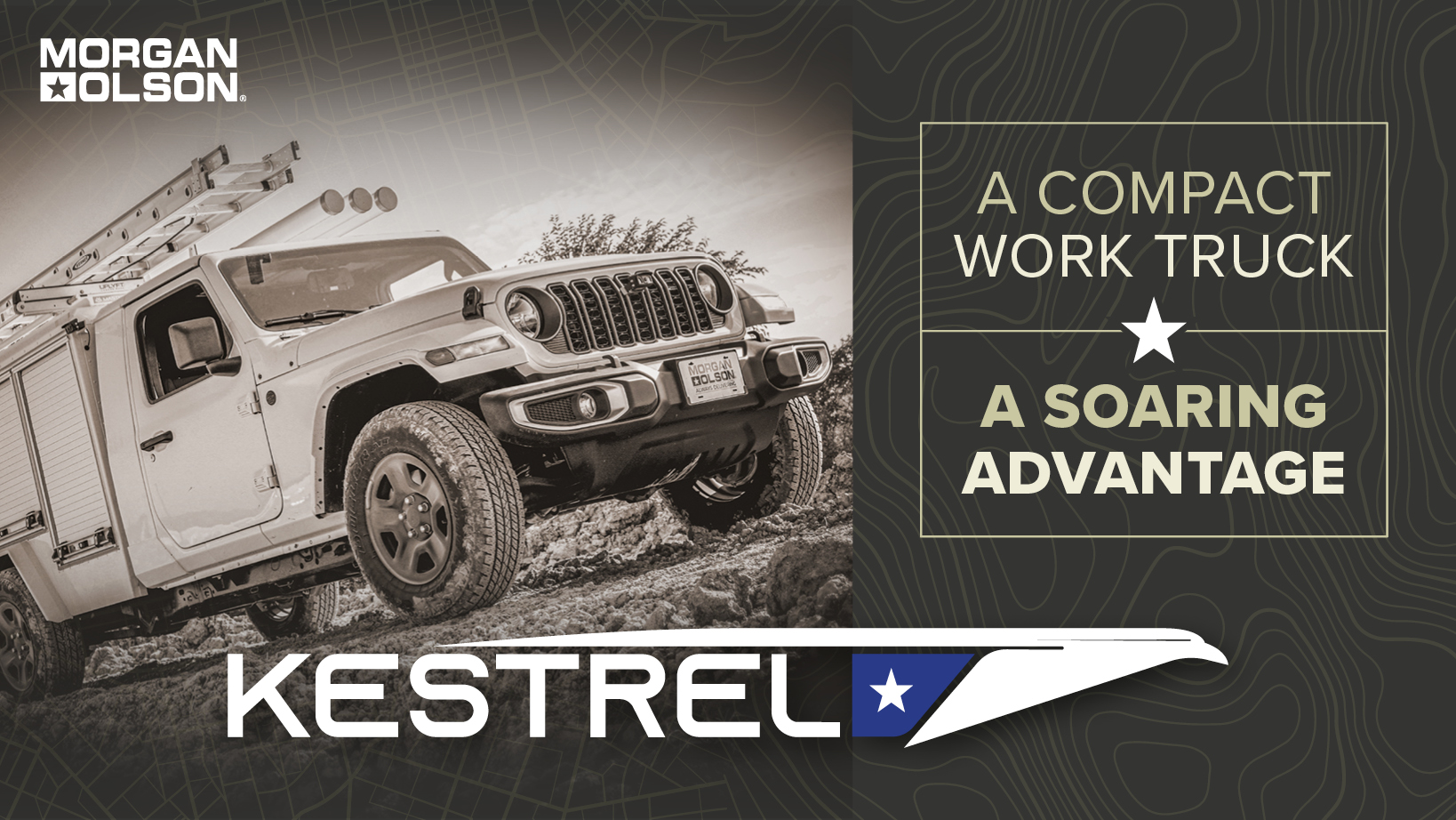 Hero image promoting the Morgan Olson Kestrel compact work truck, featuring a white rugged off-road truck on the left and marketing text on the right.