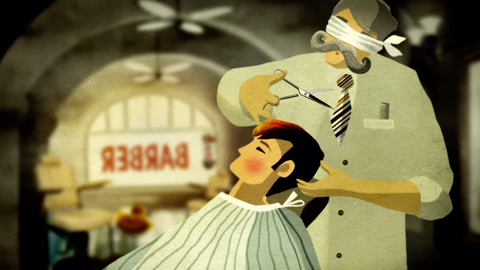 Cartoon barber trimming a customer's hair with scissors in a vintage barbershop setting.