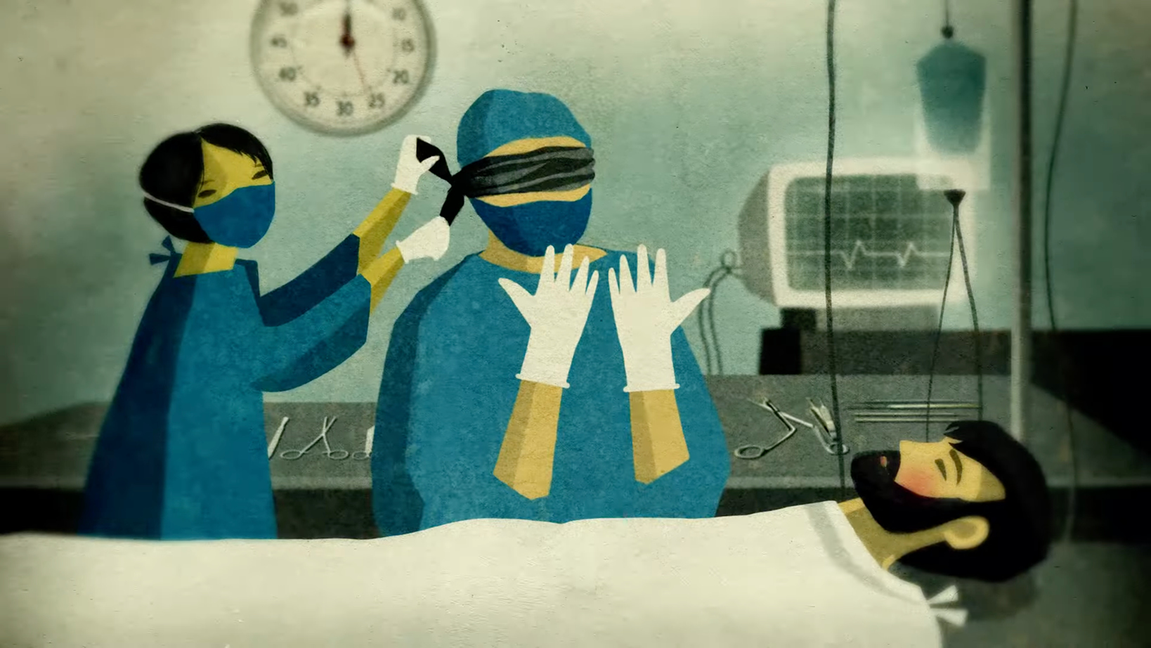 Illustration of a patient in a hospital bed being attended by masked doctors; one surgeon blindfolds the patient while another holds a hammer, suggesting coerced or unethical surgery.