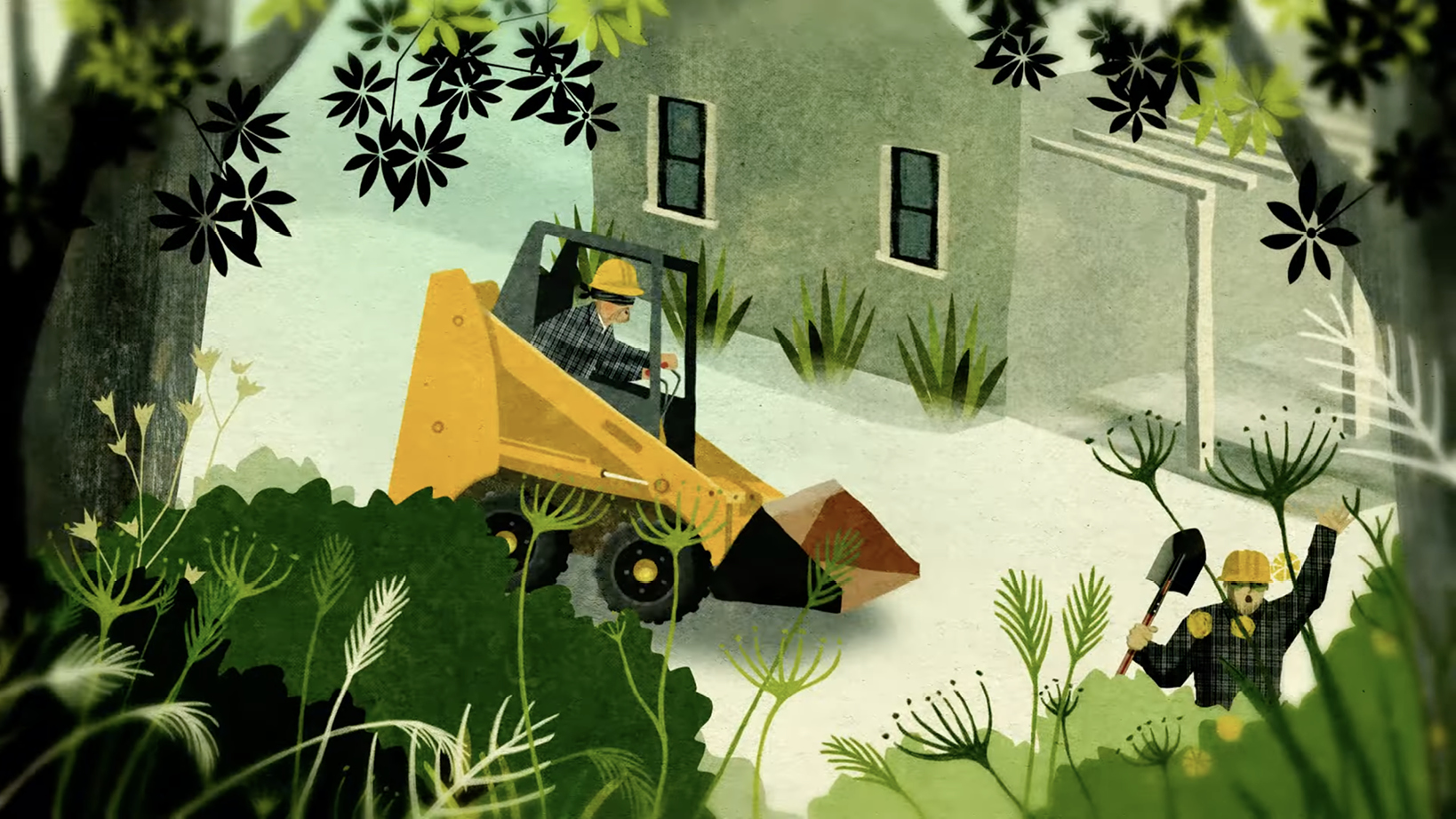 Two construction workers in hard hats operate a yellow skid-steer loader to clear dense brush near a green hillside house.