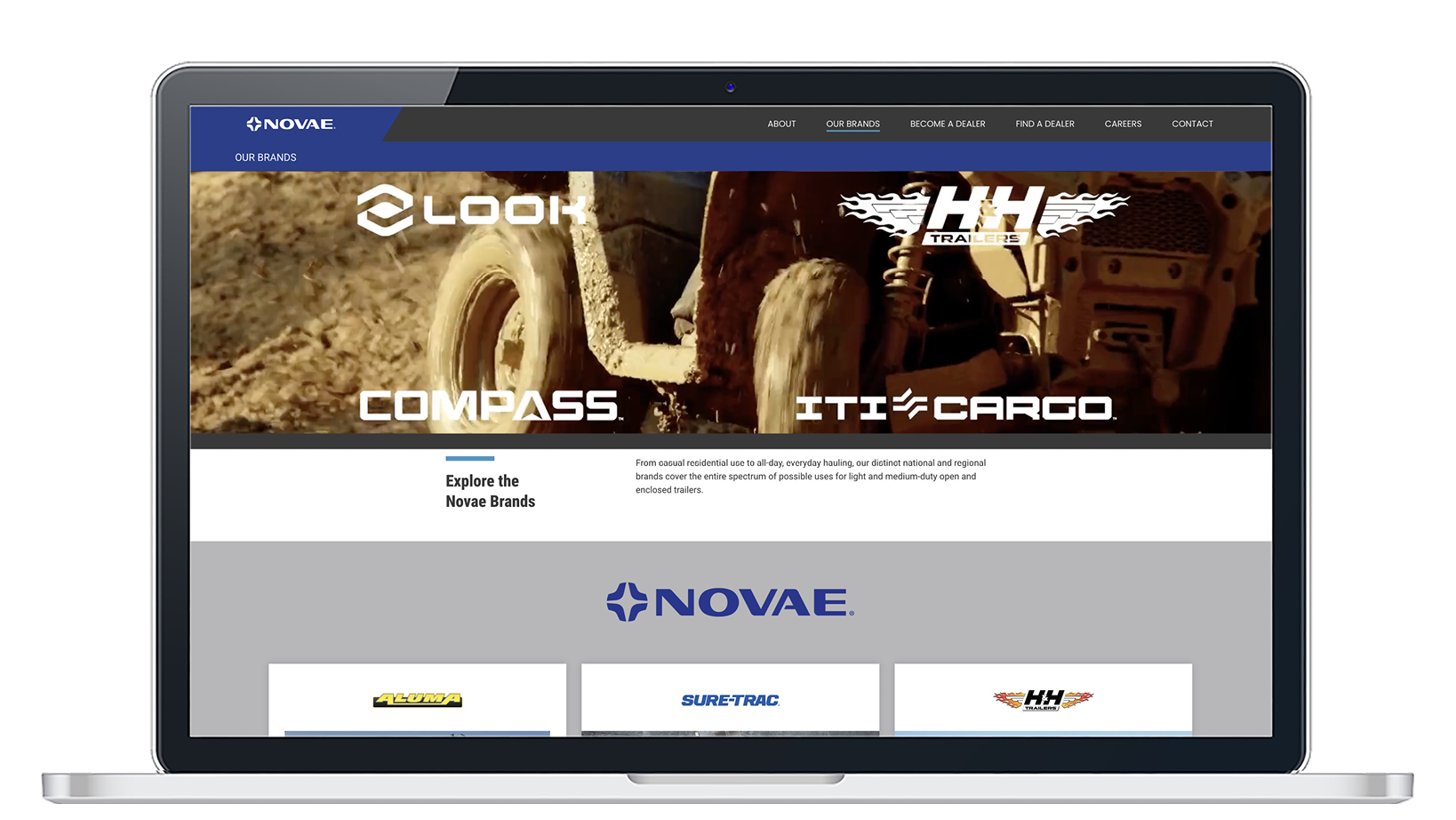 Laptop screen displaying the Novae Brands homepage with a large banner of off-road trailer logos at the top.