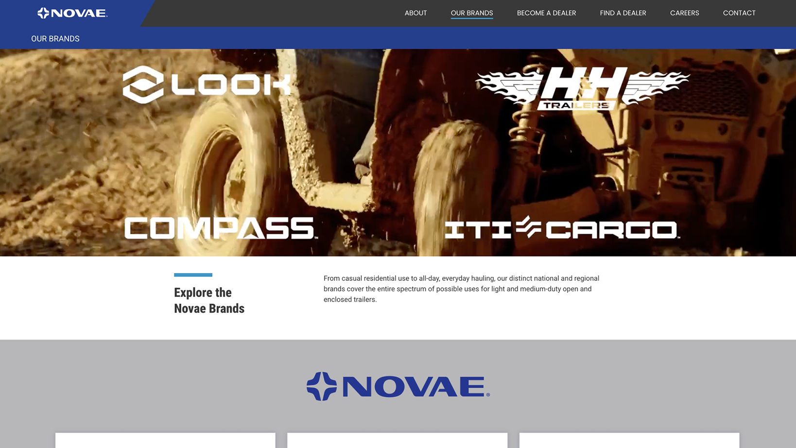 Hero banner showing four brand logos (LOOK, HH Trailers, COMPASS, ITI CARGO) over a muddy off-road vehicle, on the Novae brands page