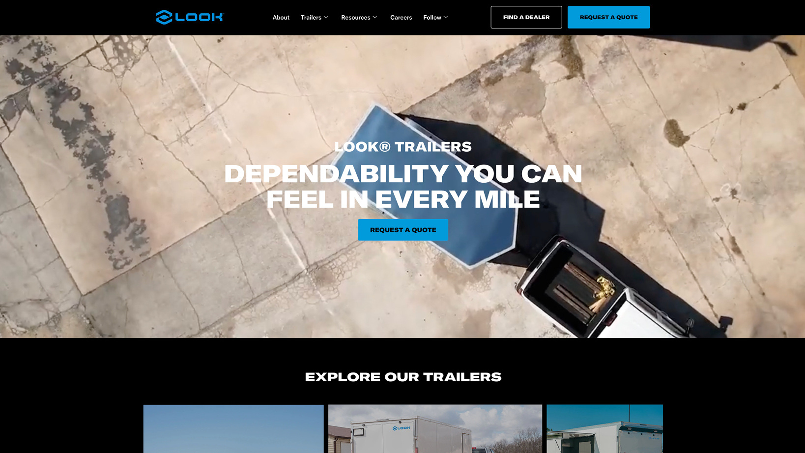Hero banner for Look Trailers: aerial view of pavement with a trailer, overlaid bold text and a 'Request a Quote' button.