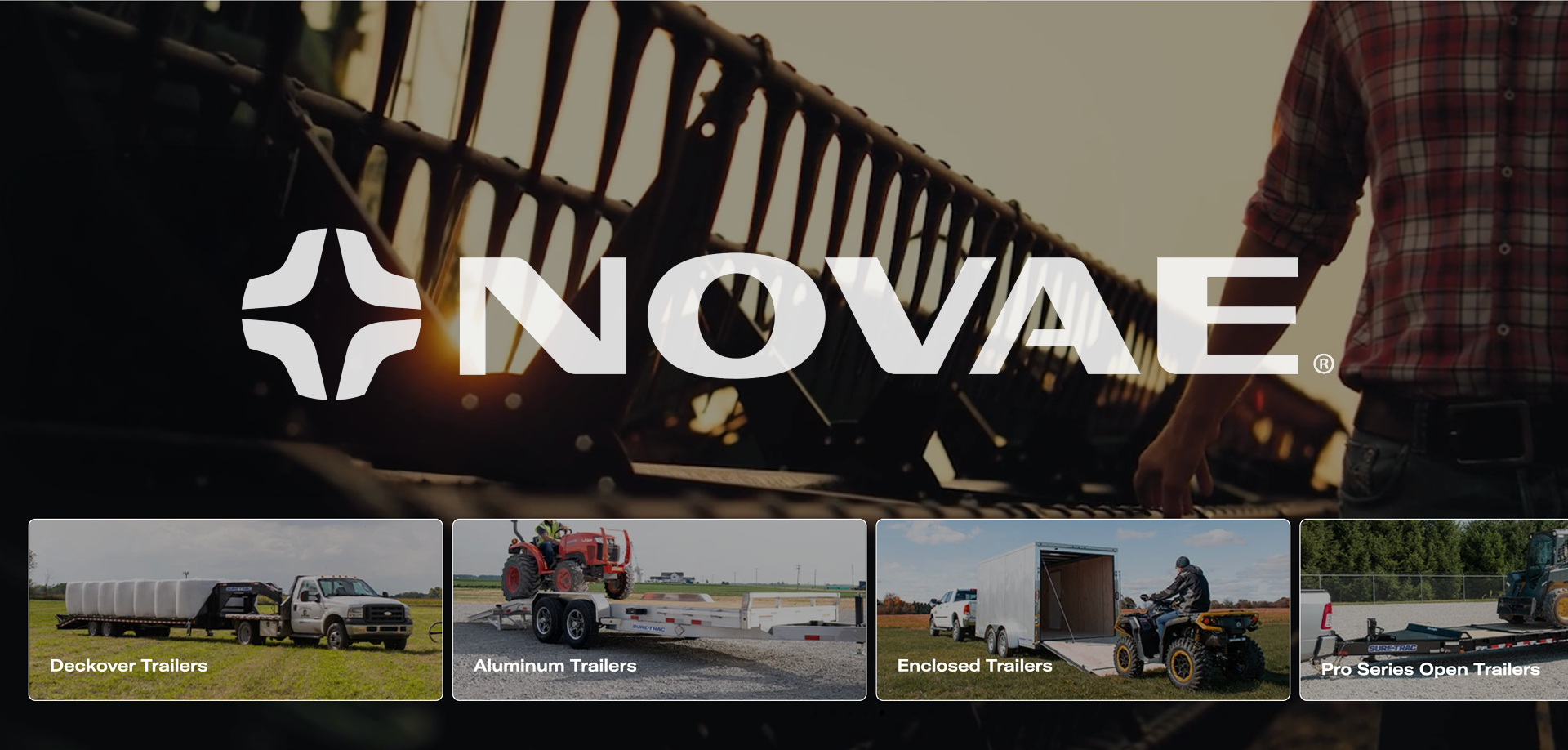 Novae branding hero with a large logo across a fence background and a person in a plaid shirt at sunset.