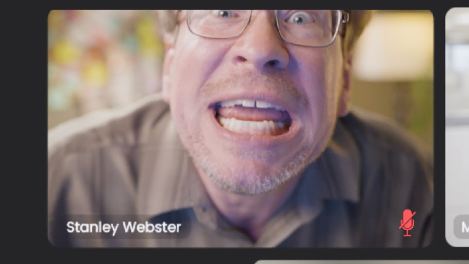 Close-up of a man with glasses making a goofy face during a video call; caption reads 'Stanley Webster'.