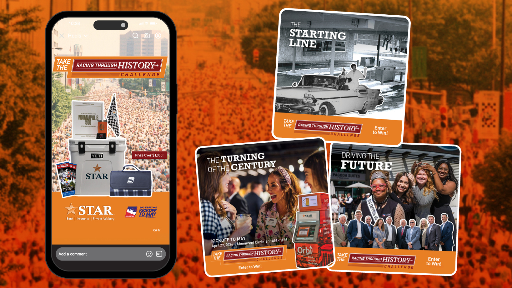 Promotional collage showing a mobile screen with the 'Take the Racing Through History Challenge' and prize images, plus three challenge cards (Starting Line, Turning Century, Driving the Future).