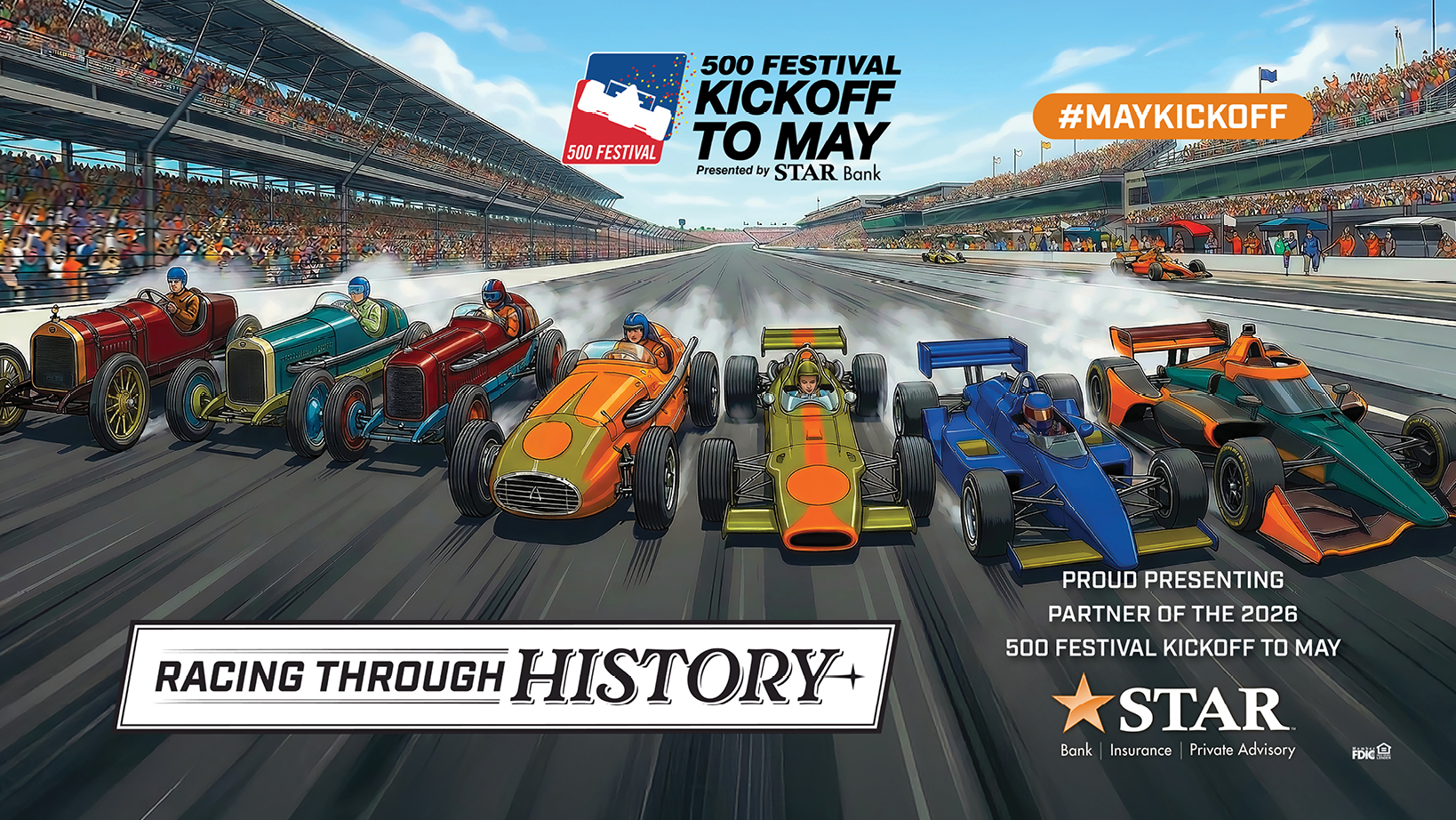 Crowd-filled race track start with colorful vintage and modern race cars blasting off from the grid, bannered as a festival kickoff event.