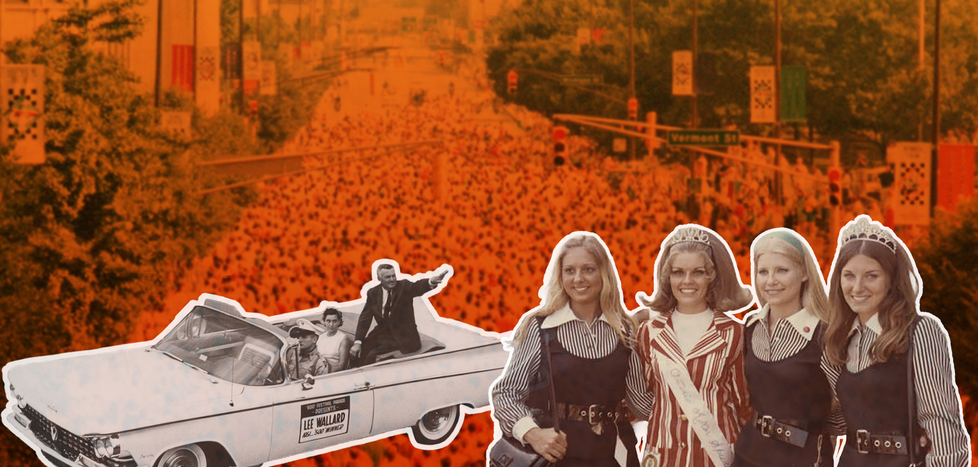 Four beauty contestants in sashes and tiaras stand beside a vintage convertible as a huge crowd fills the street behind them, in a parade scene.