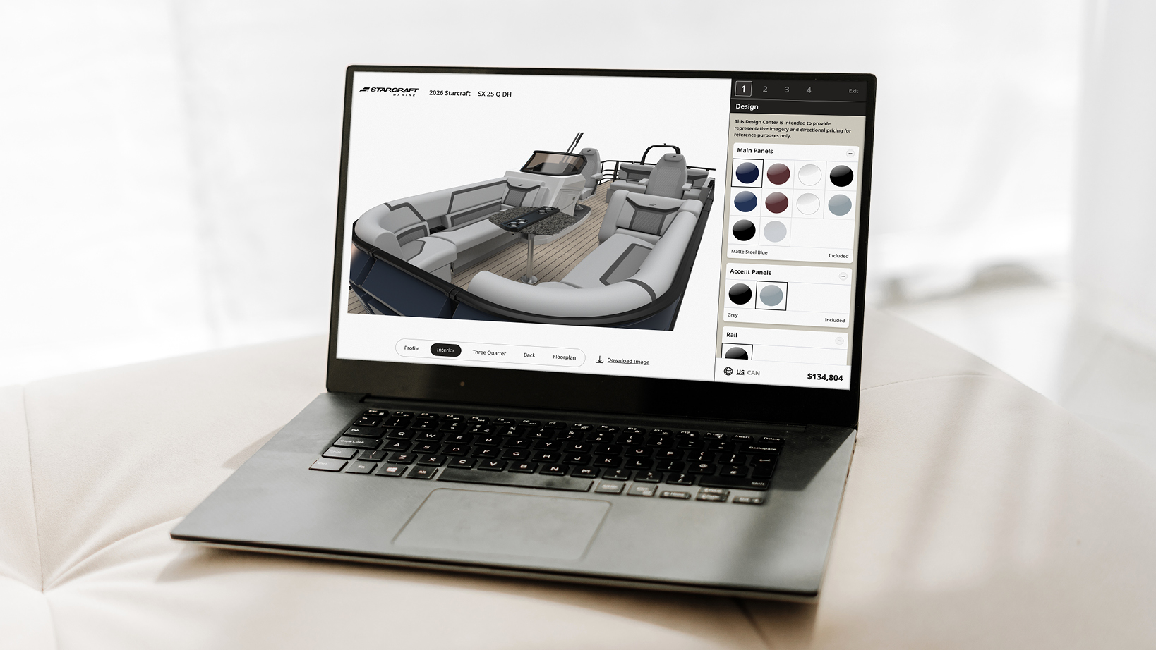 Laptop on a light surface displaying a 3D boat interior design render with seating and a right-side color panel.