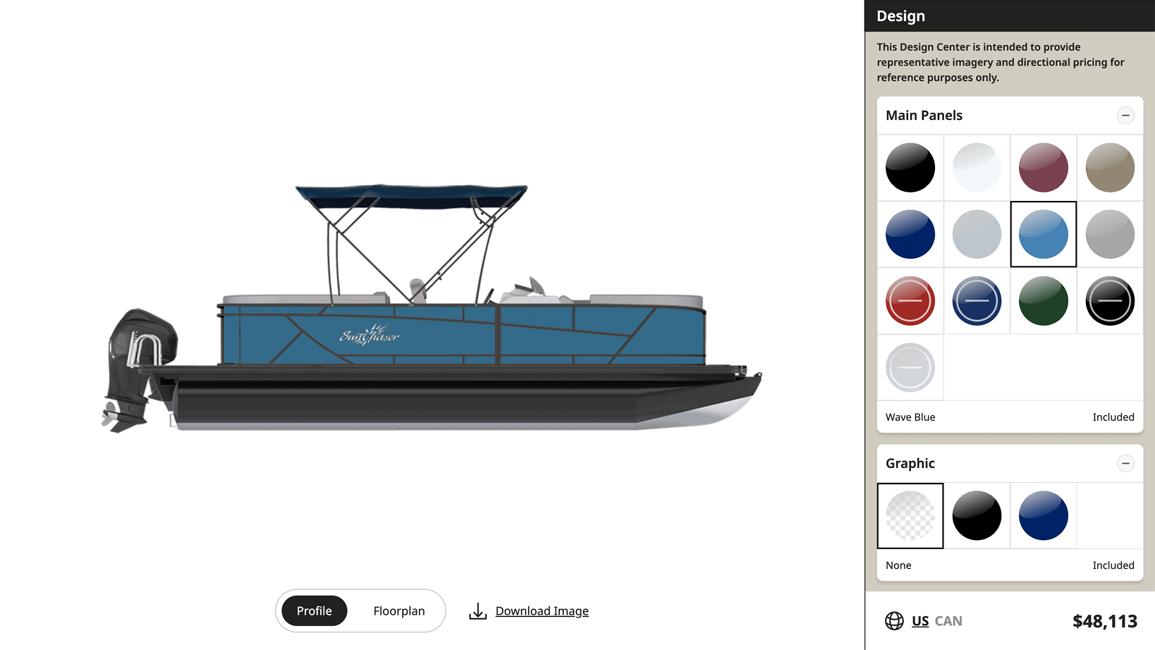 Blue pontoon boat with a dark canopy and outboard motor shown for design customization.