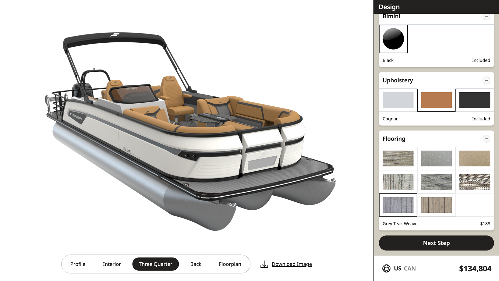 Three-quarter view of a luxury pontoon boat with tan seating and a black canopy, showing customization options on the right (color, upholstery, flooring).