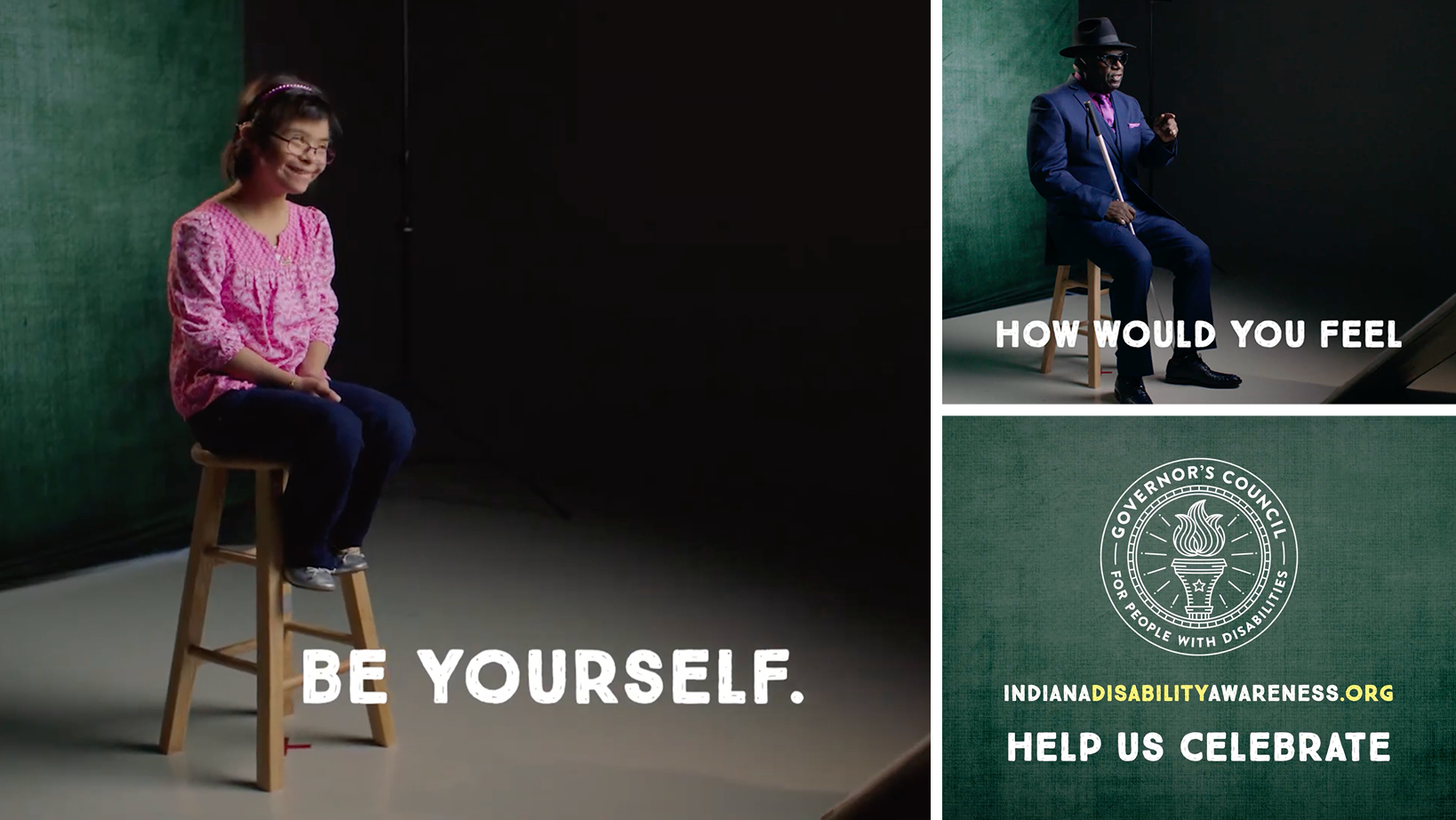 Three-panel collage: left panel shows a girl on a stool with 'Be Yourself'; top-right shows a man in a suit with 'How would you feel'; bottom-right green background with a seal and 'Help us celebrate' text.