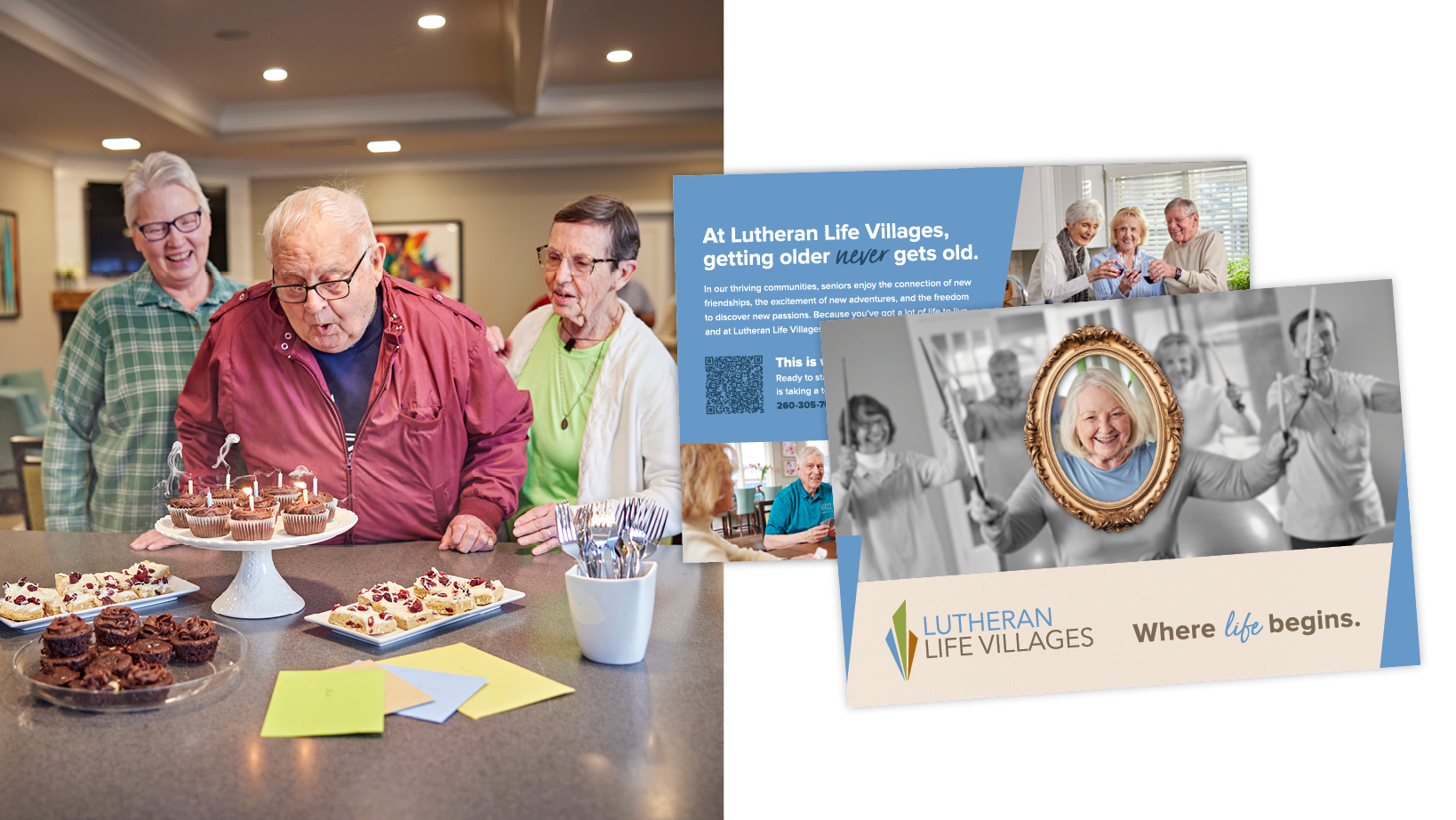 Seniors celebrate a birthday with cupcakes on a kitchen counter; a Lutheran Life Villages brochure overlaps the scene.