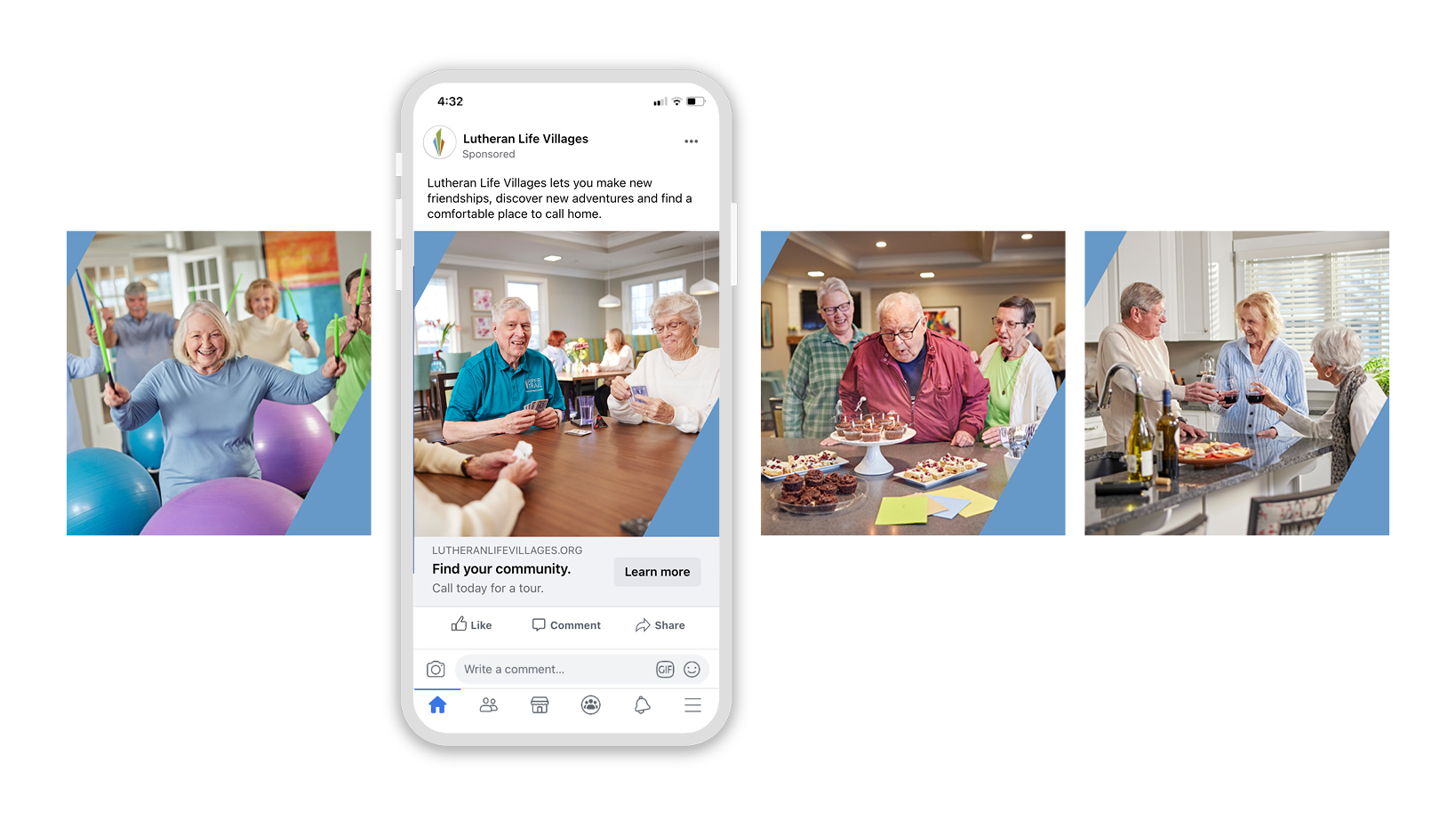 Senior adults socializing in a retirement-community collage; center shows a smartphone ad for Lutheran Life Villages among photos of gatherings and desserts.