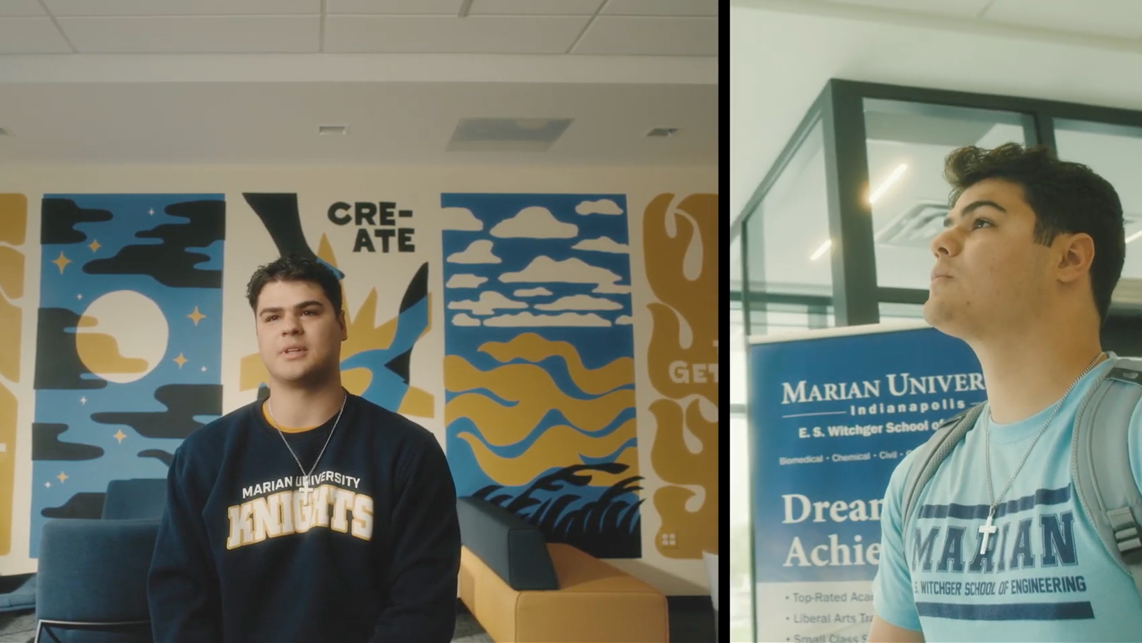 Two Marian University students appear on a split-screen: one seated in a colorful mural-filled room wearing a 'Knights' sweatshirt, the other standing near a Marian University banner wearing a light blue shirt.