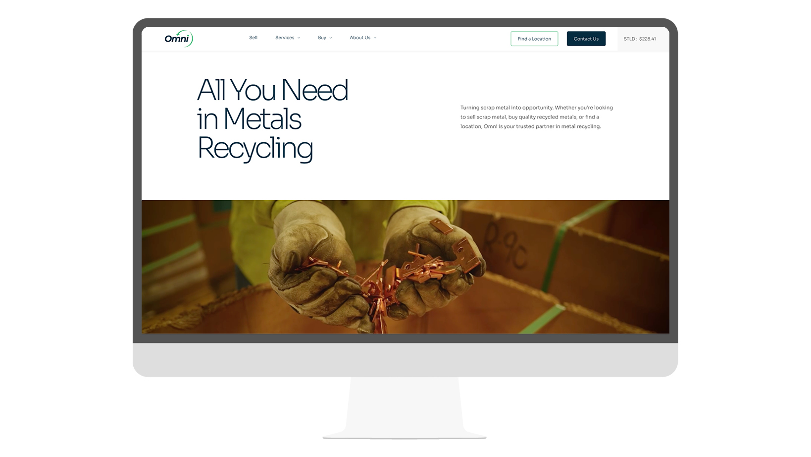 Hero section: headline 'All You Need in Metals Recycling' with a close-up of gloved hands holding copper scrap in an industrial setting above a large image.
