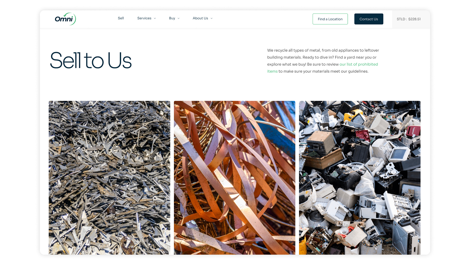Three image tiles of scrap metal: metal shavings, copper strips, and assorted electronic waste for recycling on the 'Sell to Us' page.