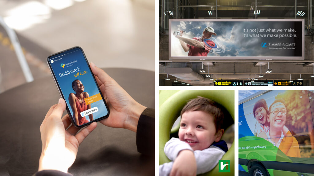 Close-up of hands holding a smartphone displaying a healthcare ad about self-care, with a smiling person on the screen.