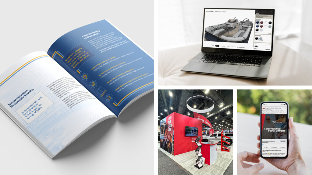 collage of business and tech visuals: open magazine, laptop with 3D design on screen, trade show booth, and person holding a smartphone